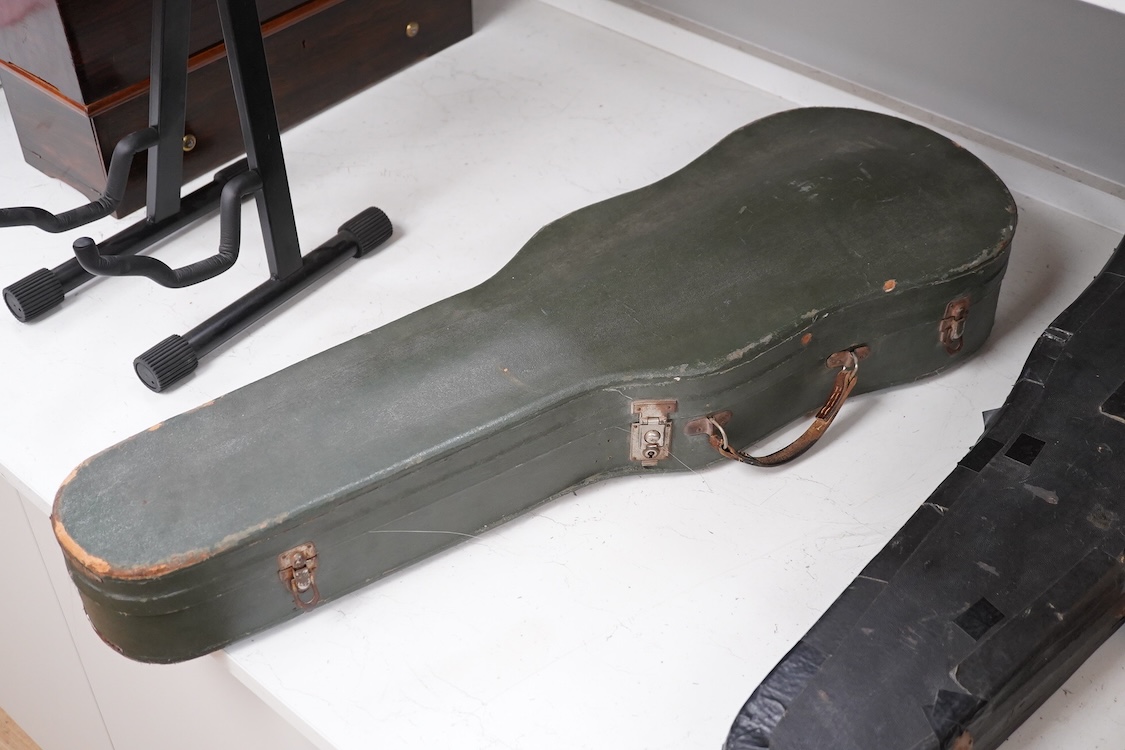 A mid 20th century cased Czech viola 15.25” body, with a fully mounted octagonal bow with plastic tip plate
